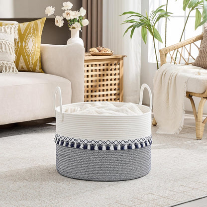 KAKAMAY Large Blanket Basket (20"x13"),Woven Baskets for storage Baby Laundry Hamper, Cotton Rope Blanket Basket for Living Room, Laundry, Nursery, Pillows, Baby Toy chest (White/Brown)