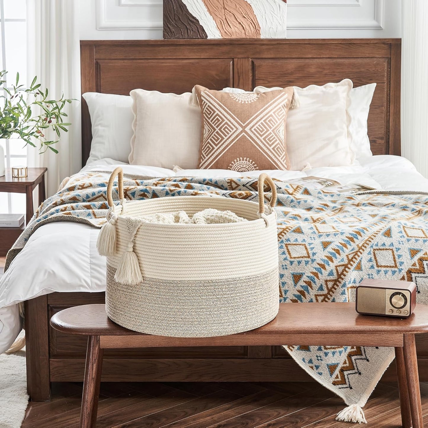 KAKAMAY Large Blanket Basket (20"x13"),Woven Baskets for storage Baby Laundry Hamper, Cotton Rope Blanket Basket for Living Room, Laundry, Nursery, Pillows, Baby Toy chest (White/Brown)