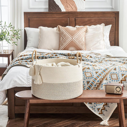 KAKAMAY Large Blanket Basket (20"x13"),Woven Baskets for storage Baby Laundry Hamper, Cotton Rope Blanket Basket for Living Room, Laundry, Nursery, Pillows, Baby Toy chest (White/Brown)