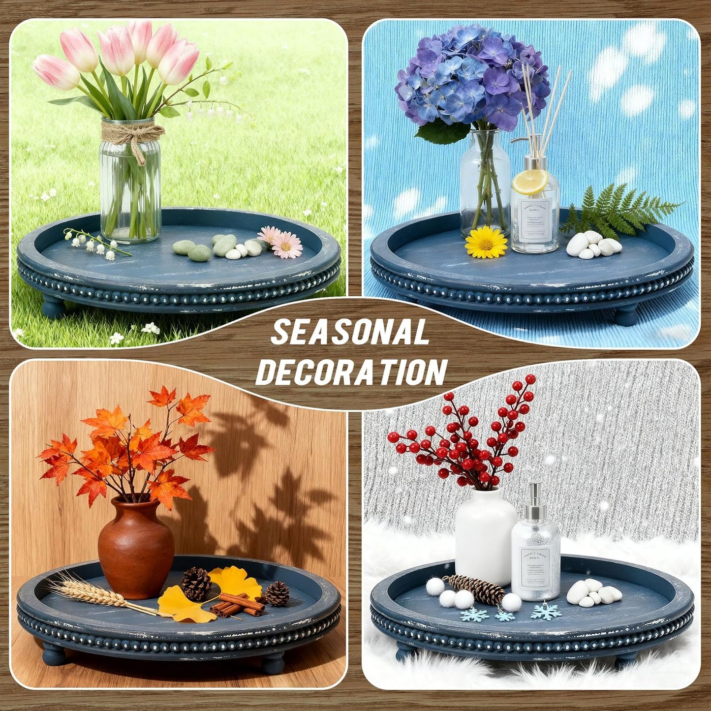 KULEDM Handmade Wooden Decorative Tray, Small Beaded Coffee Table Tray Decor, Sage Round Serving Tray for Coffee Table, Dining Room Table Entryway and Living Room Table