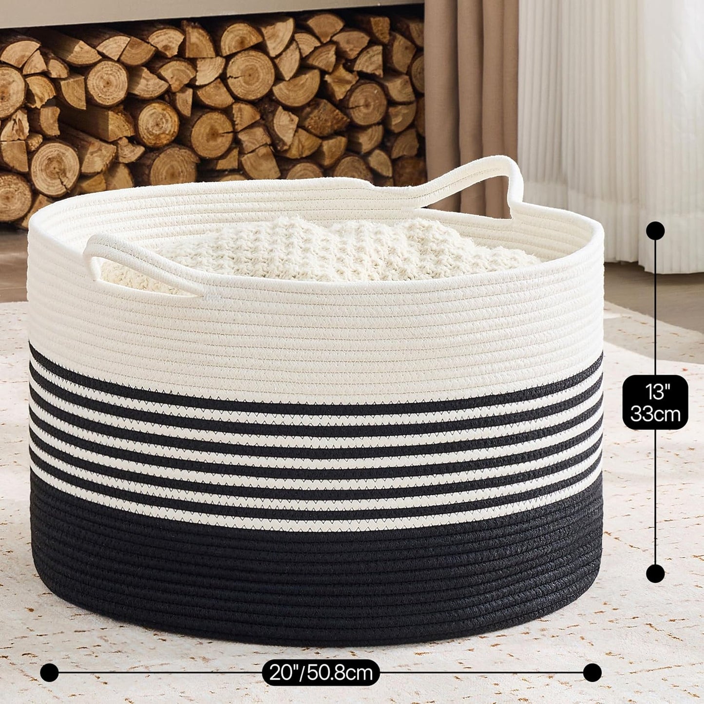 KAKAMAY Large Blanket Basket (20"x13"),Woven Baskets for storage Baby Laundry Hamper, Cotton Rope Blanket Basket for Living Room, Laundry, Nursery, Pillows, Baby Toy chest (White/Brown)