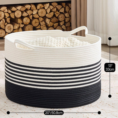 KAKAMAY Large Blanket Basket (20"x13"),Woven Baskets for storage Baby Laundry Hamper, Cotton Rope Blanket Basket for Living Room, Laundry, Nursery, Pillows, Baby Toy chest (White/Brown)