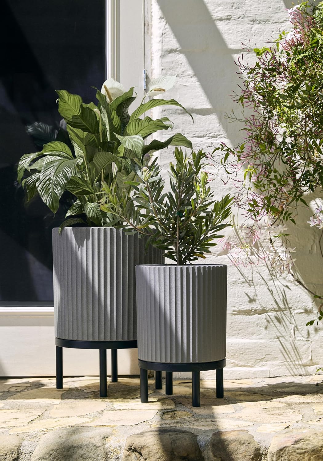 Veradek Demi Series Round Planter w/ Stand for Porch/Patio | Durable Plastic-Concrete & Wooden Stand | Modern Décor for Tall Plants, Flowers