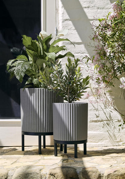 Veradek Demi Series Round Planter w/ Stand for Porch/Patio | Durable Plastic-Concrete & Wooden Stand | Modern Décor for Tall Plants, Flowers