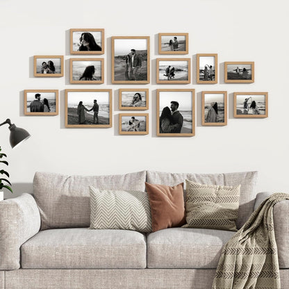 Venusmiles 15 Pack Picture Frames Collage Wall Decor, Gallery Frame Set for Wall Mounting or Tabletop Display, Multi Sizes Including 3pcs 8x10, 6pcs 5x7, 6pcs 4x6, Oak
