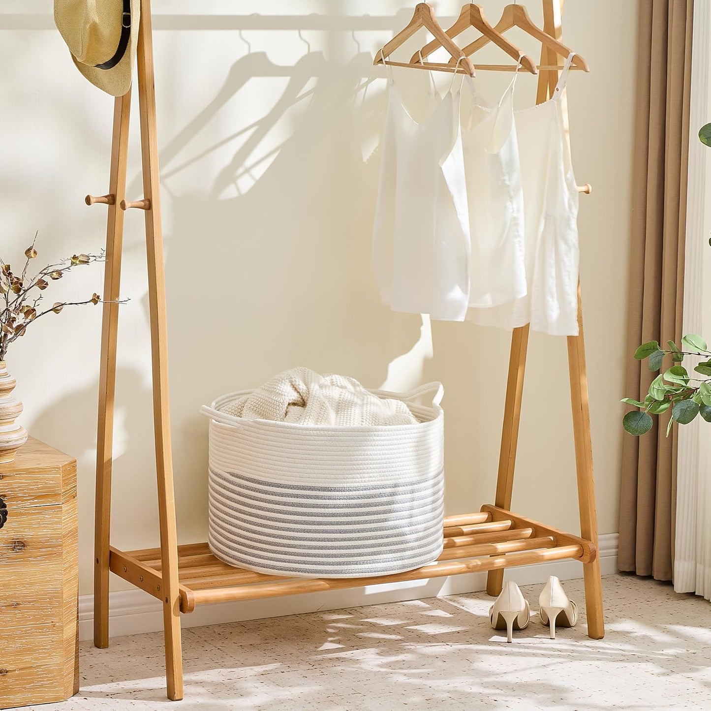 KAKAMAY Large Blanket Basket (20"x13"),Woven Baskets for storage Baby Laundry Hamper, Cotton Rope Blanket Basket for Living Room, Laundry, Nursery, Pillows, Baby Toy chest (White/Brown)