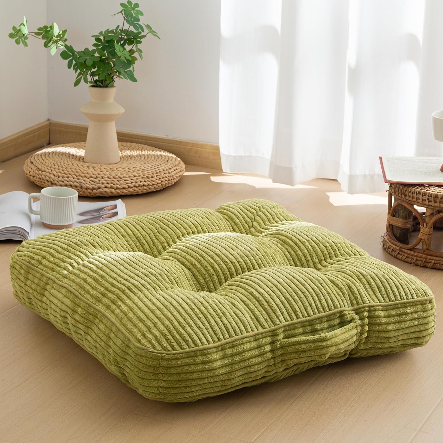 HIGOGOGO 6" Extra Thick Floor Pillow Cushion for Adults, Meditation Cushion Pillow, Large Square Floor Sitting, Tufted Corduroy Cover, for Tatami Living Room or Yoga, 22x22 Inch, 2Pack, Dark Grey