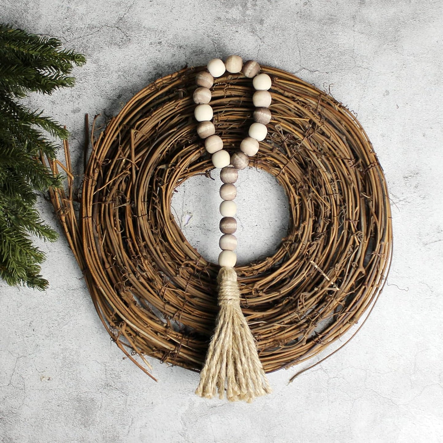 CVHOMEDECO. Wood Beads Garland with Tassels 3 PCS Farmhouse Rustic Wooden Prayer Bead String Wall Hanging Accent for Home Festival Decor. Natural