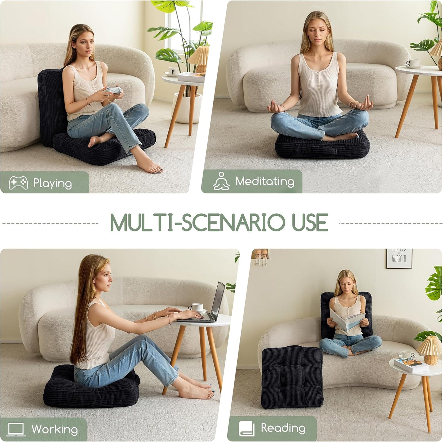 HIGOGOGO 6" Extra Thick Floor Pillow Cushion for Adults, Meditation Cushion Pillow, Large Square Floor Sitting, Tufted Corduroy Cover, for Tatami Living Room or Yoga, 22x22 Inch, 2Pack, Dark Grey