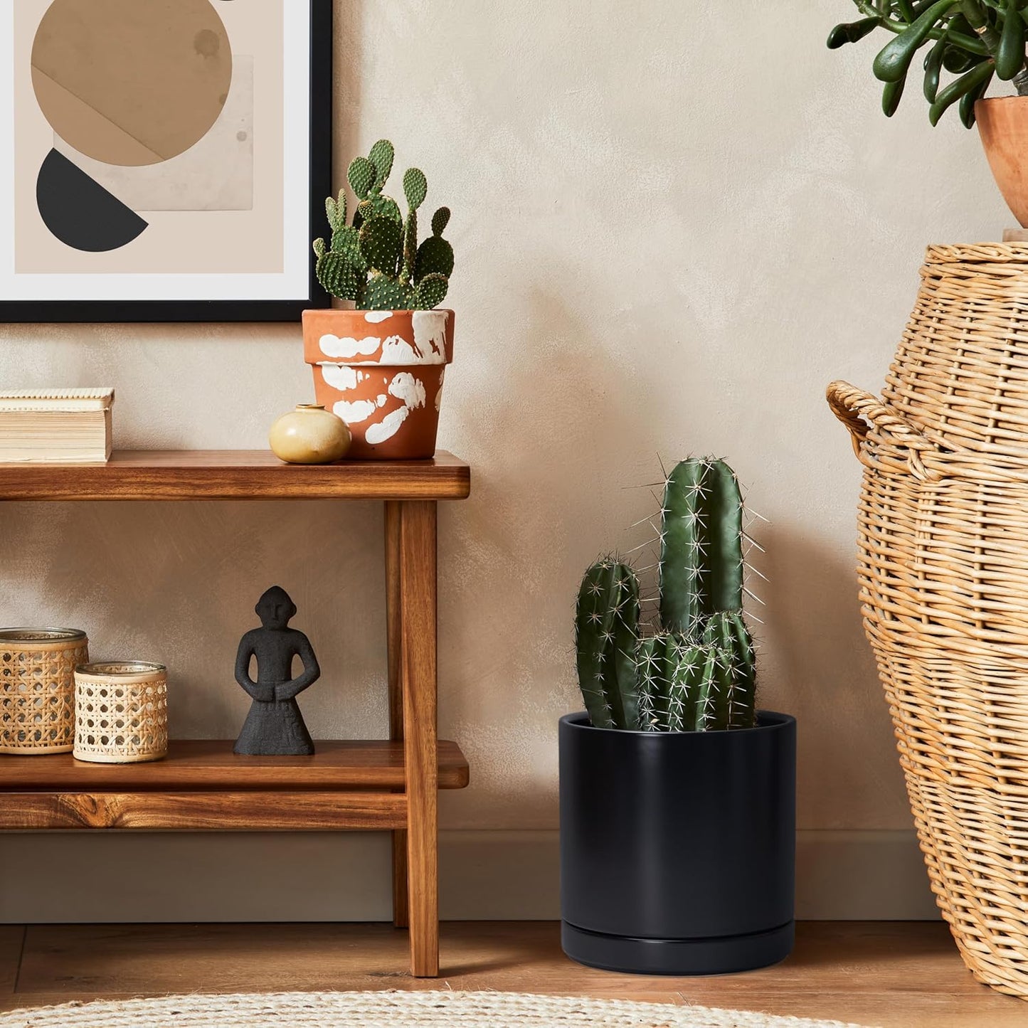 D'vine Dev 6.5 Inch Ceramic Planter Pot with Drainage Hole and Saucer, Indoor Cylinder Round Planter Pot, Olive, 94-O-C-J