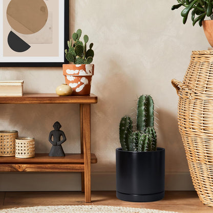 D'vine Dev 6.5 Inch Ceramic Planter Pot with Drainage Hole and Saucer, Indoor Cylinder Round Planter Pot, Olive, 94-O-C-J