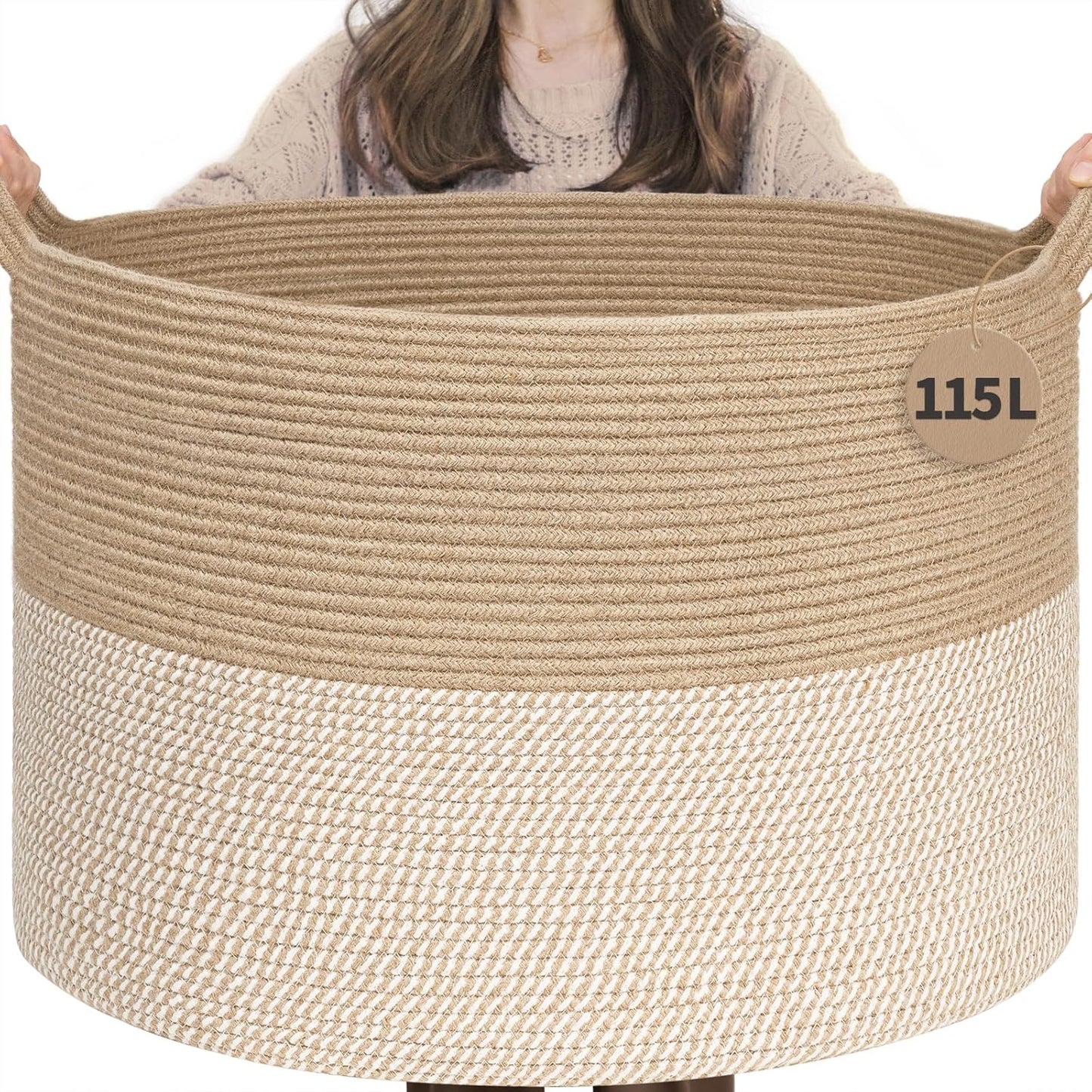 INDRESSME XXXLarge Blanket Basket for Living Room 21.7" x 21.7" x 13.8"-Storage Basket with Handle for Organizing Toy Pillows Woven Cotton Rope Laundry Basket Stuffed Animal Toy Storage for Play Room