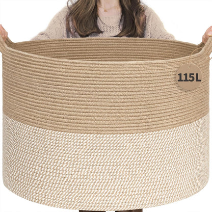 INDRESSME XXXLarge Blanket Basket for Living Room 21.7" x 21.7" x 13.8"-Storage Basket with Handle for Organizing Toy Pillows Woven Cotton Rope Laundry Basket Stuffed Animal Toy Storage for Play Room