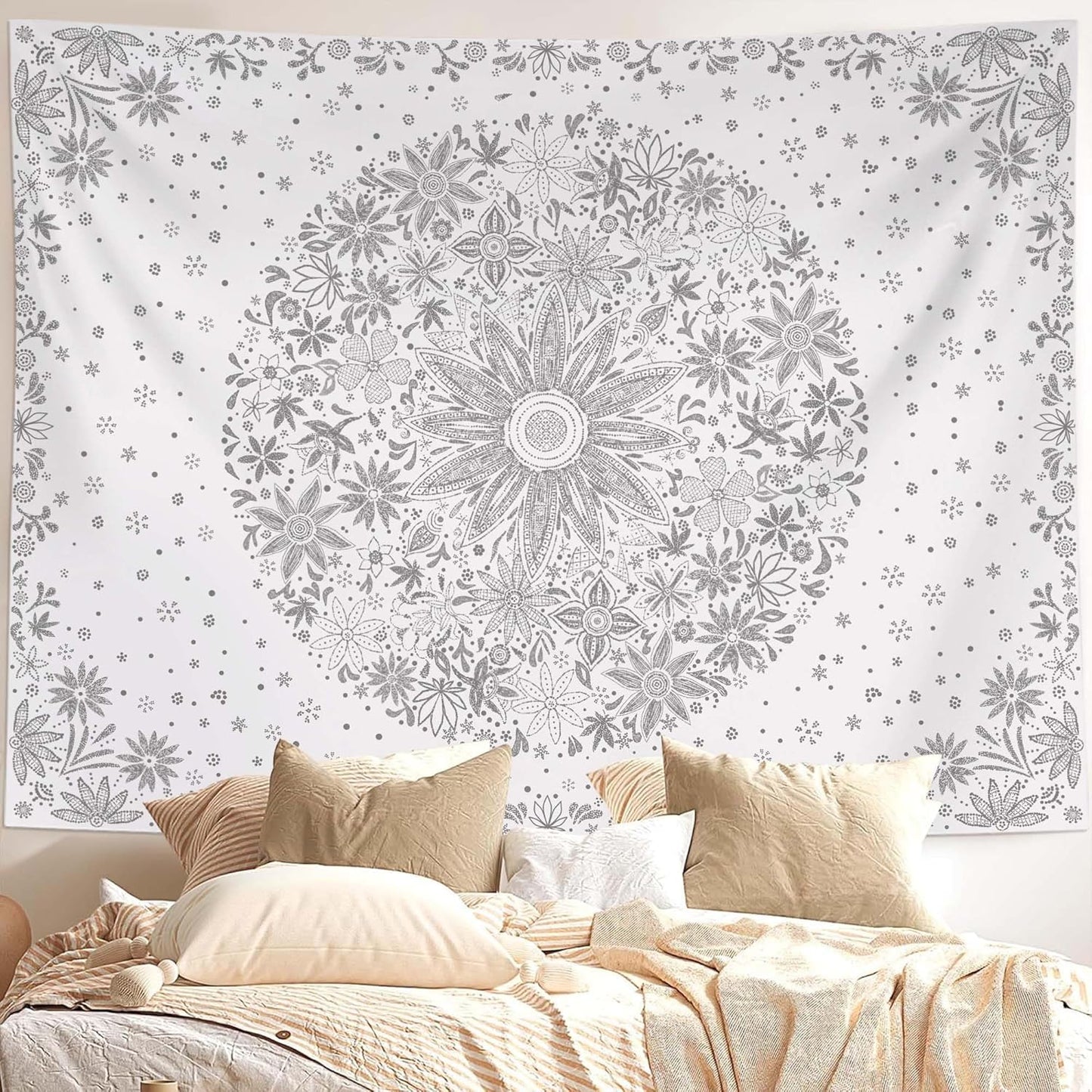 Neasow Bohemian Tapestry Wall Hanging, Beige White Floral Tapestry with Dotted Daisy Medallion Print Bedroom Boho Hippie Home Decor, 36×48 inches