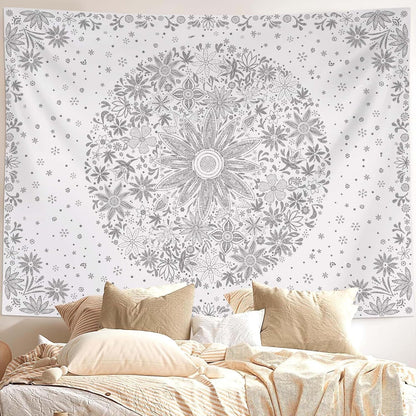 Neasow Bohemian Tapestry Wall Hanging, Beige White Floral Tapestry with Dotted Daisy Medallion Print Bedroom Boho Hippie Home Decor, 36×48 inches
