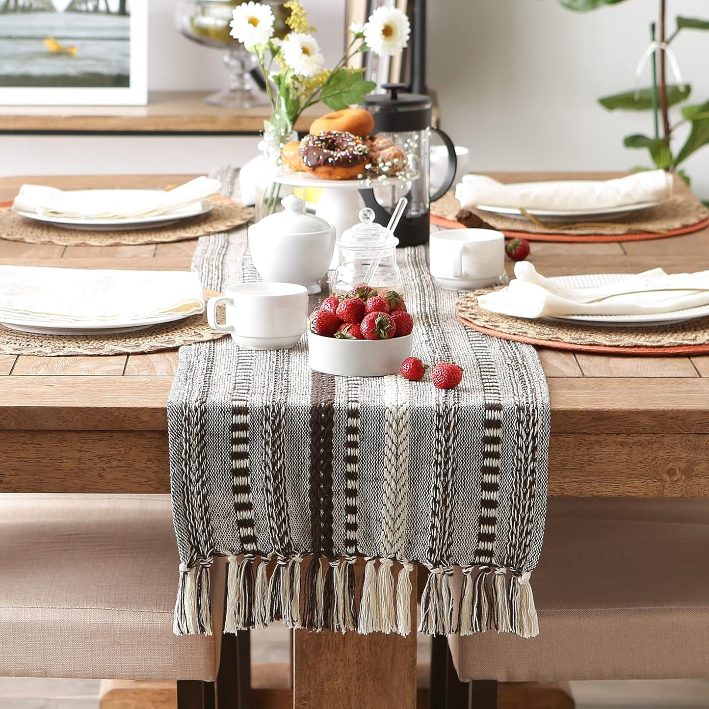 DII Farmhouse Braided Stripe Table Runner Collection, 15x72 (15x77, Fringe Included), Black