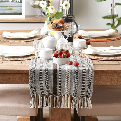 DII Farmhouse Braided Stripe Table Runner Collection, 15x72 (15x77, Fringe Included), Black