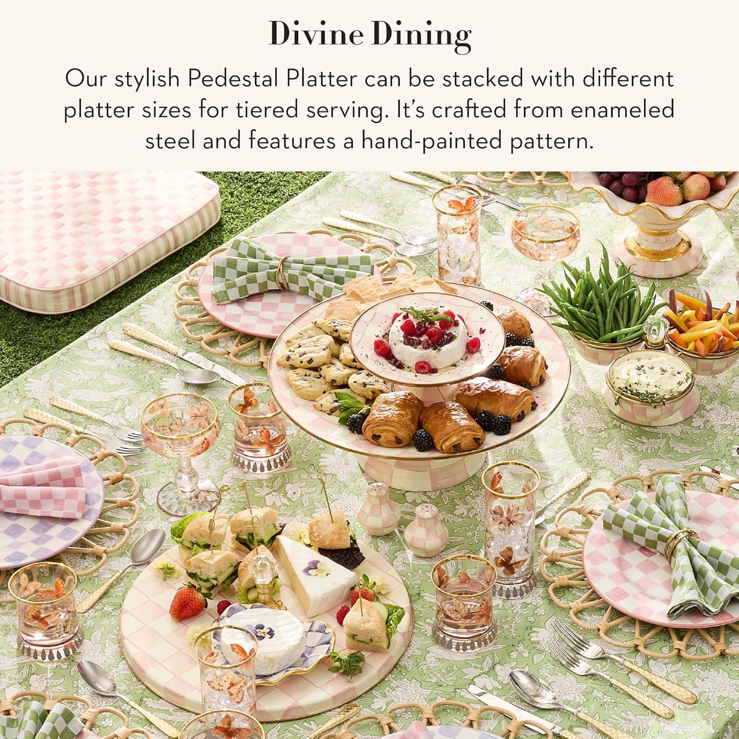 MACKENZIE-CHILDS Enamel Pedestal Serving Platter, Decorative Serving Dish for Food, Small, Black-and-White Courtly Check