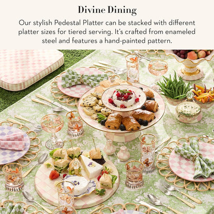 MACKENZIE-CHILDS Enamel Pedestal Serving Platter, Decorative Serving Dish for Food, Small, Black-and-White Courtly Check