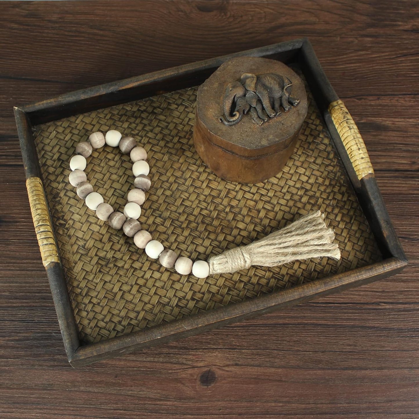 CVHOMEDECO. Wood Beads Garland with Tassels 3 PCS Farmhouse Rustic Wooden Prayer Bead String Wall Hanging Accent for Home Festival Decor. Natural