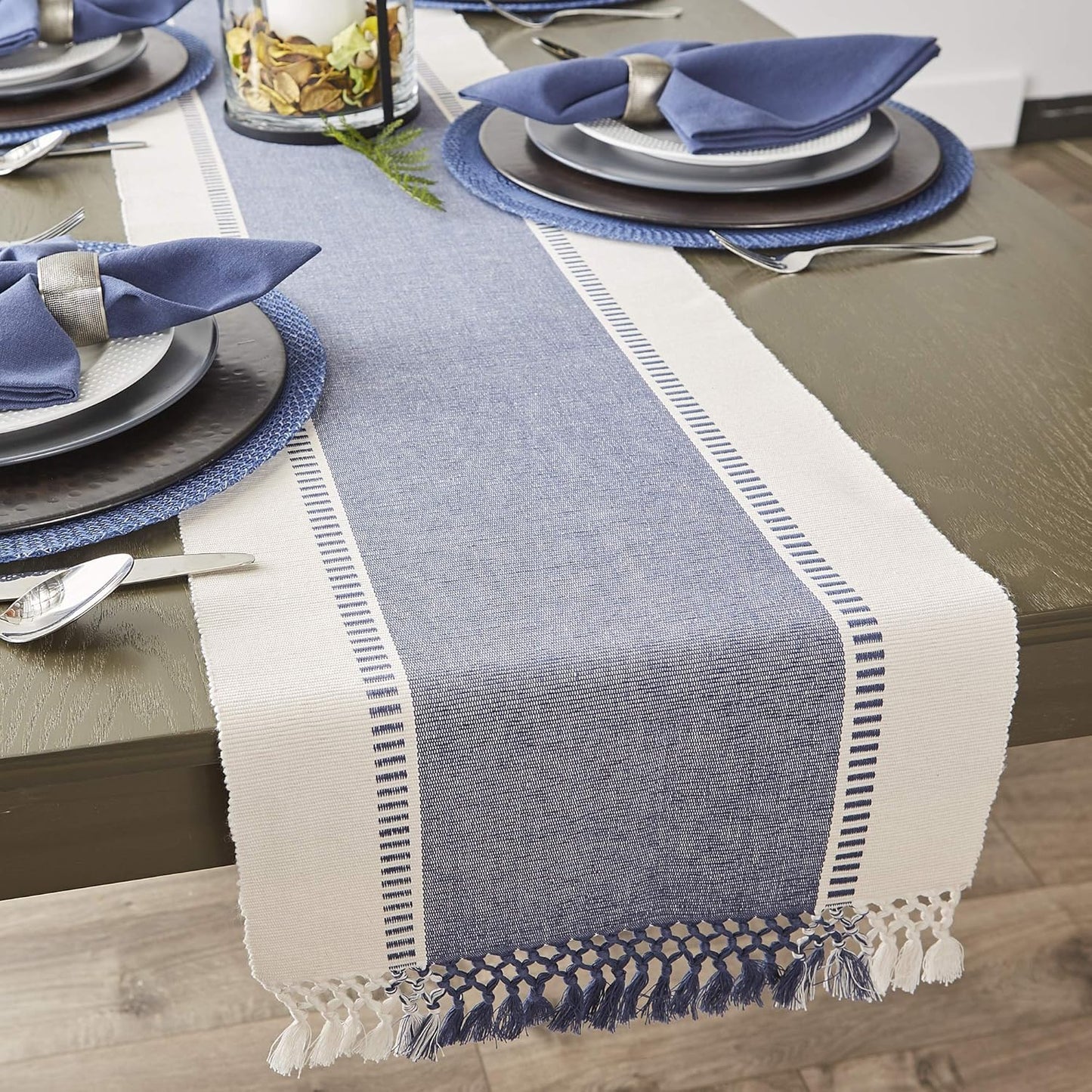DII Dobby Stripe Woven Table Runner, 13x72-inch, French Blue