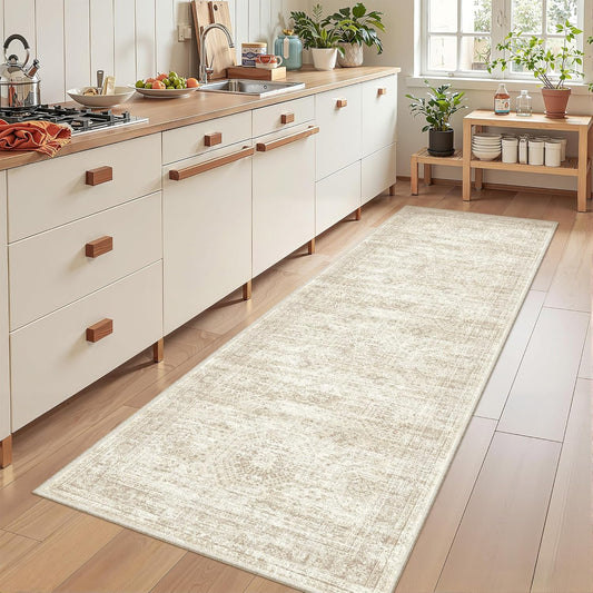 Rug Runners for Hallways Non Slip - 2x8 Runner Rug for Bedroom, Washable Runner with Rubber Backing, Soft Low-Pile Carpet for Kitchen, Laundry, Bathroom (2'x8', Beige/Ivory) - Colors A