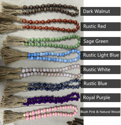 Handcrafted Farmhouse Wooden Decorative Beads Garland, Table Tray Boho Wood Beads with Tassel, Small Rustic Antique Decor for Home and Events (32" Rustic Blue)