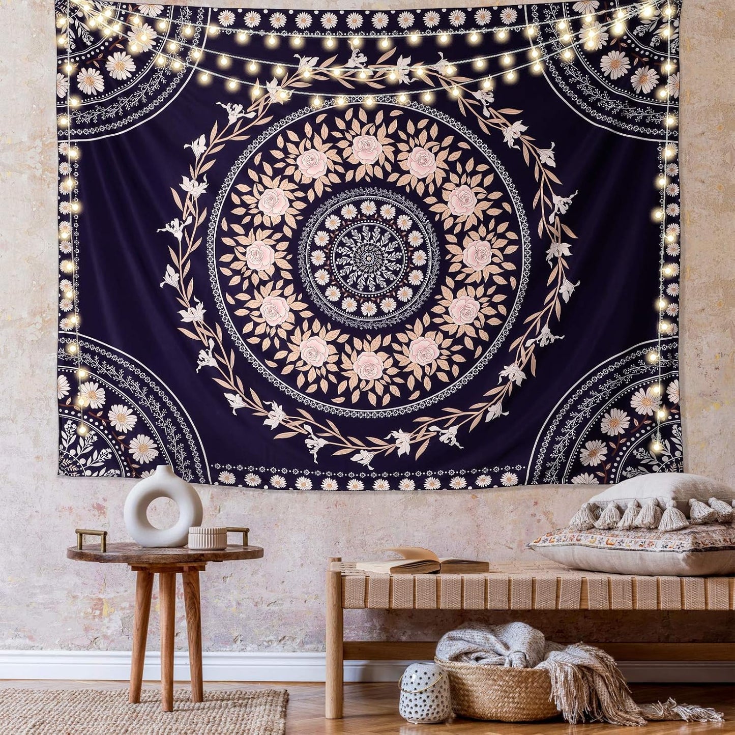 Wall Tapestry for Bedroom Aesthetic Pink Mandala Wall Hanging Large Boho Trippy Tapestries Bohemian Art Tapistry Hippie Floral Tapastry Decor For Bedroom Ceiling Living Room Dorm (60ʺ × 60ʺ)