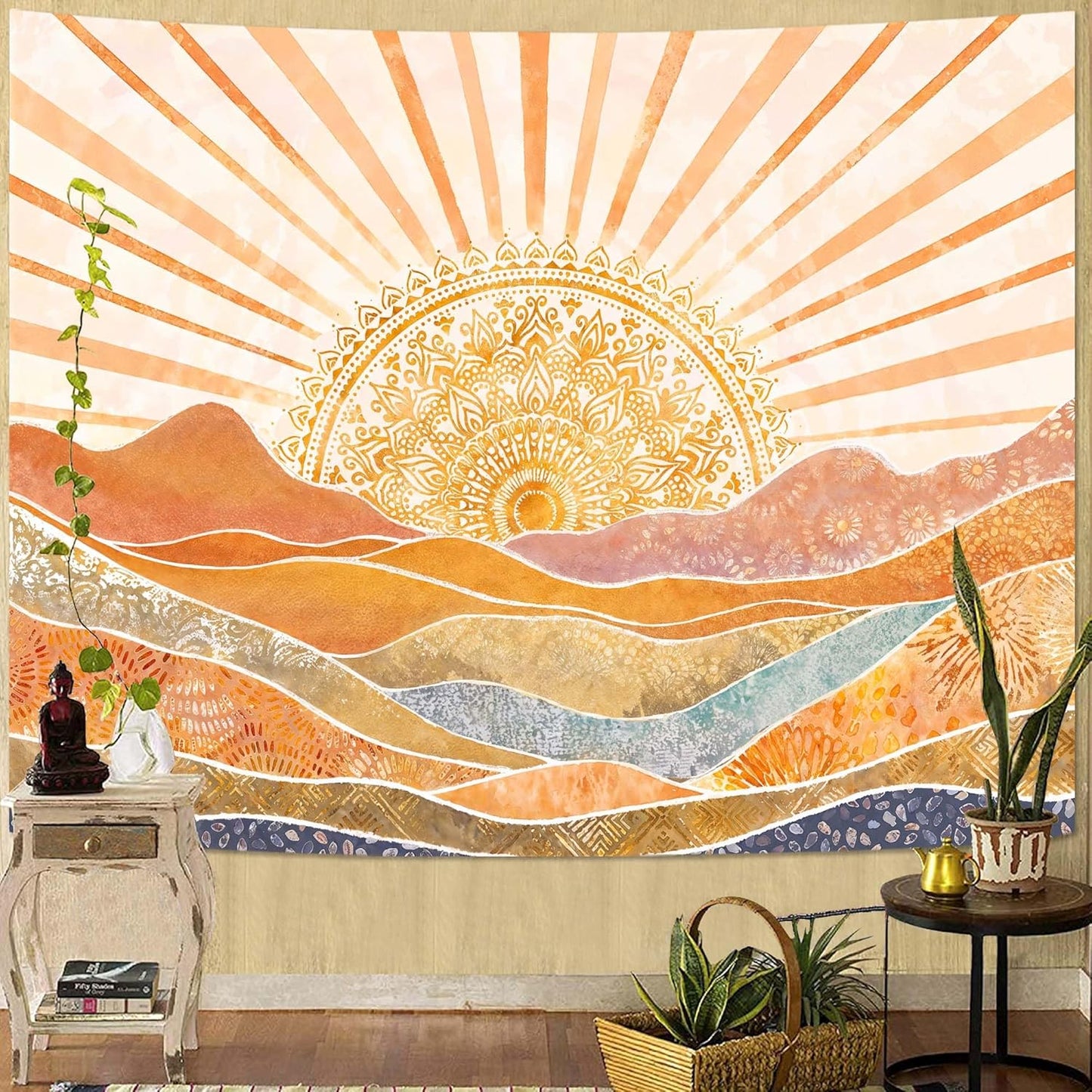 Lunerfex Bohemian Mandala Sunrise Wall Tapestry, Abstract Mountain Scenery Tapestries for Home Decor, Boho Tapestry 48x36 Inch