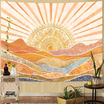 Lunerfex Bohemian Mandala Sunrise Wall Tapestry, Abstract Mountain Scenery Tapestries for Home Decor, Boho Tapestry 48x36 Inch