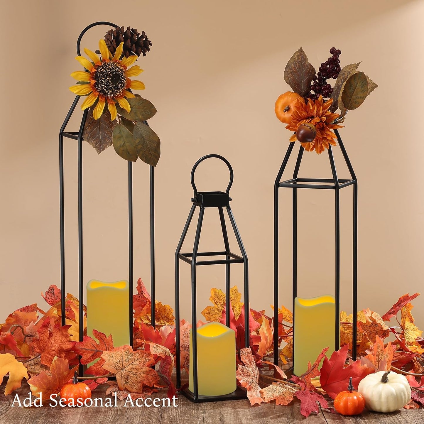 Perfnique Modern Farmhouse Lantern Decor, 15'' 13'' Set of 2 Black Metal Lantern, 2 LED 6hr Timer Flameless Candles ＆ Remote Timer, Lanterns Decorative for Outdoor, Home, Indoor, Patio, Christmas