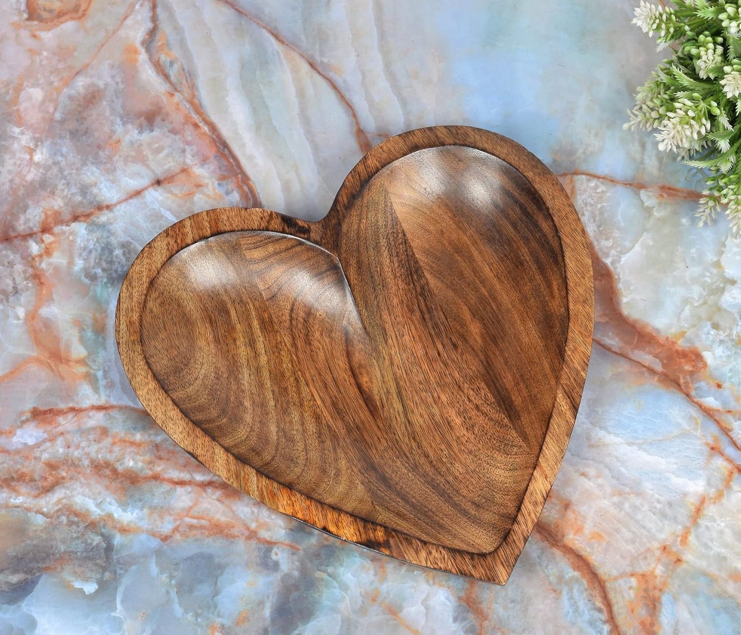 EDHAS Mango Wood Heart Curved Shaped Decorative Bowl for Table Centerpieces Home Party Wedding Décor (10" x 10" x 1.5")
