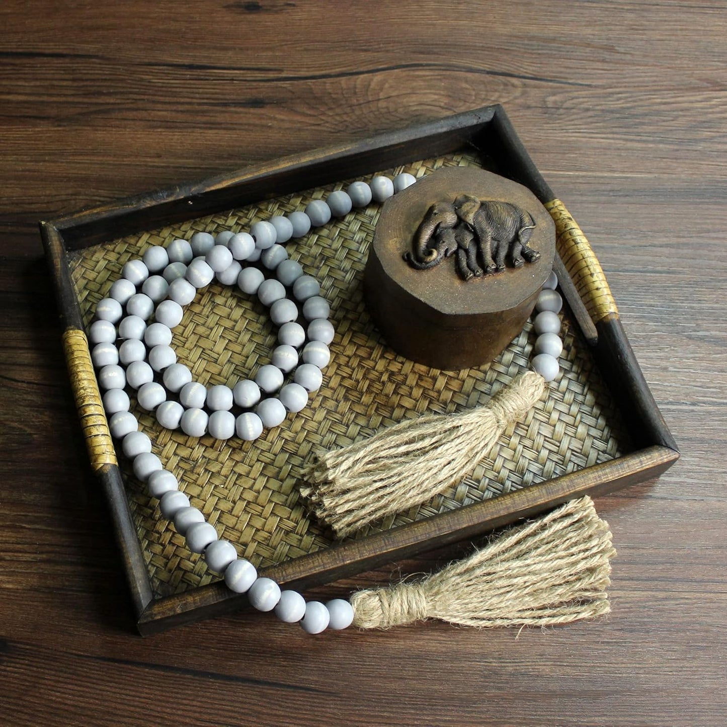 CVHOMEDECO. Wood Beads Garland with Tassels Farmhouse Rustic Wooden Prayer Bead String Wall Hanging Accent for Home Festival Decor. Mix Distressed