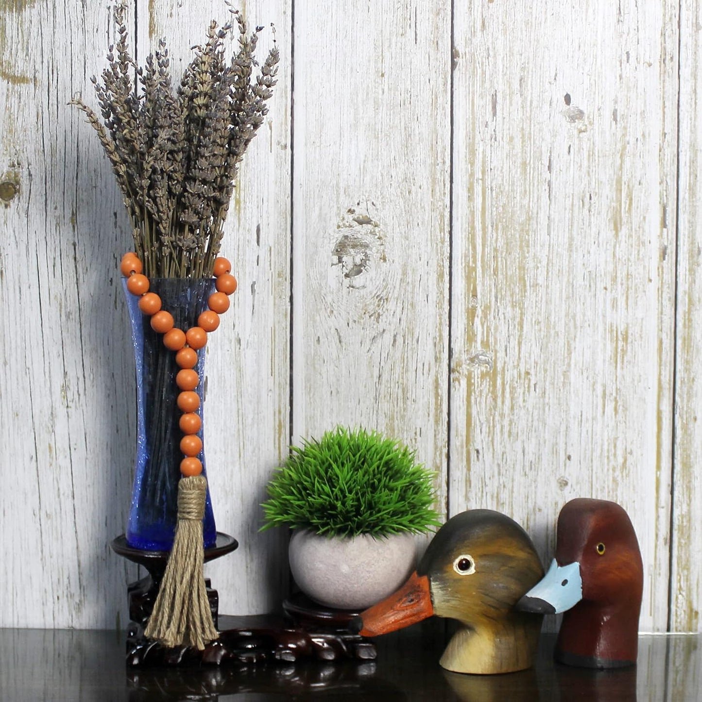CVHOMEDECO. Wood Beads Garland with Tassels 3 PCS Farmhouse Rustic Wooden Prayer Bead String Wall Hanging Accent for Home Festival Decor. Natural