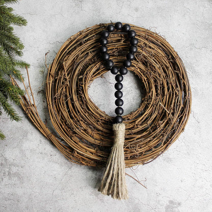 CVHOMEDECO. Wood Beads Garland with Tassels 3 PCS Farmhouse Rustic Wooden Prayer Bead String Wall Hanging Accent for Home Festival Decor. Natural
