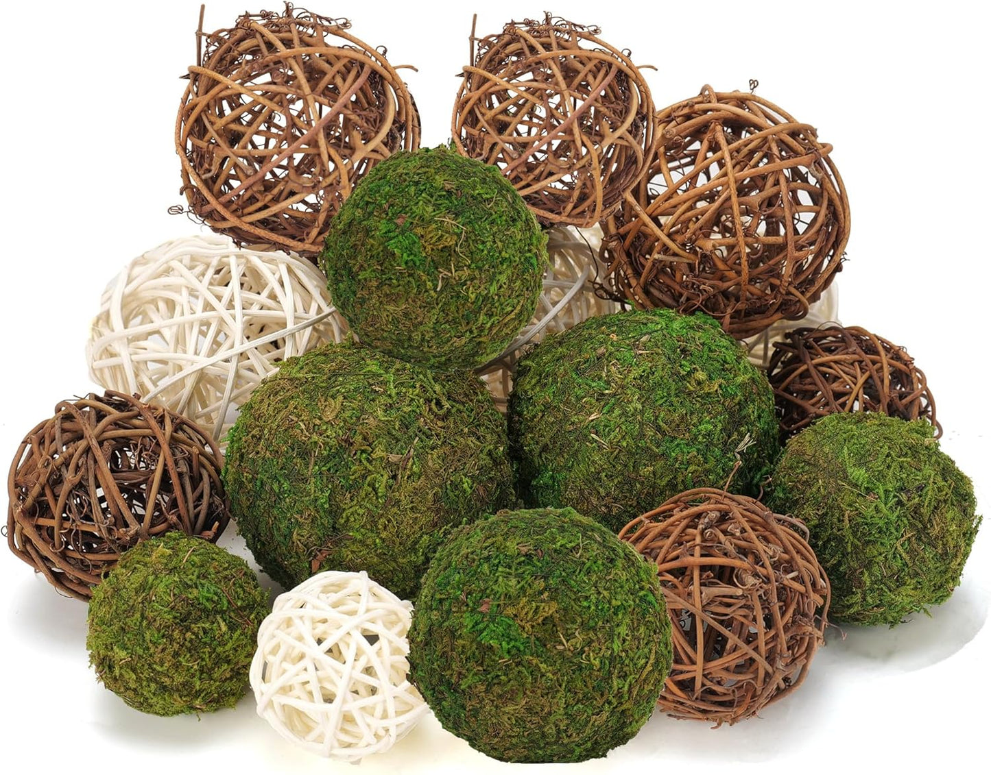 USMOLA 18Pcs Decorative Balls for Centerpiece Bowl - 6Pcs Fake Moss Balls + 12Pcs Rattan Wicker Balls, Artificial Moss Decorative Balls Vase Fillers for Home Garden Wedding Party Decor (Rustic)