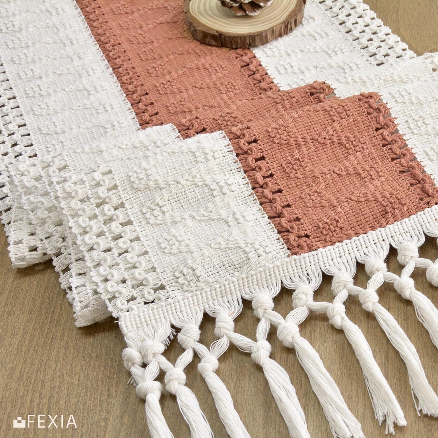 FEXIA Boho Table Runner for Thanksgiving Fall Christmas Home Decor with Tassels 72 Inches Long Pottery barn Furniture Farmhouse Rustic Macrame Burlap Table Decoration for Living Room (12x72 Inches)