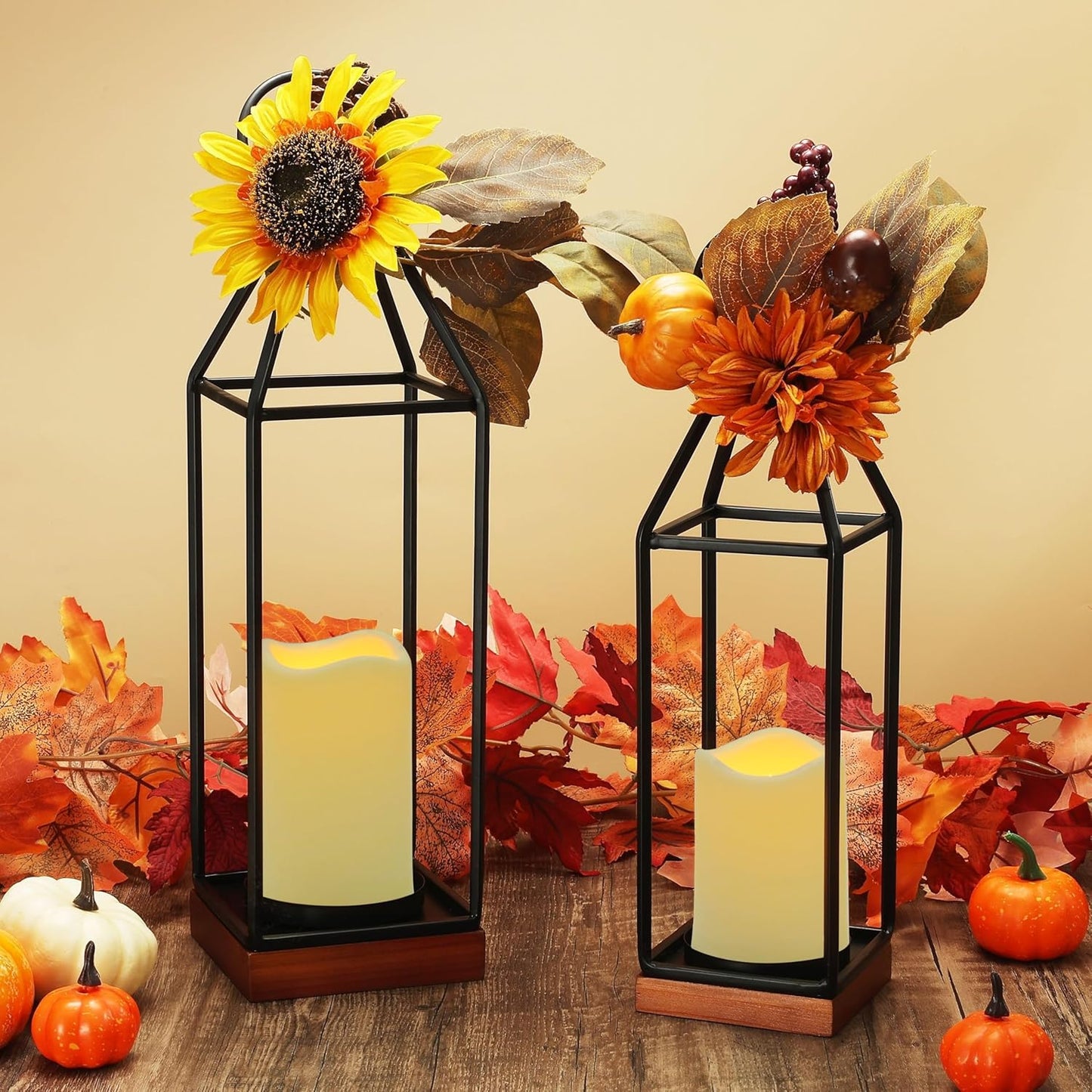 Perfnique Modern Farmhouse Lantern Decor, 15'' 13'' Set of 2 Black Metal Lantern, 2 LED 6hr Timer Flameless Candles ＆ Remote Timer, Lanterns Decorative for Outdoor, Home, Indoor, Patio, Christmas