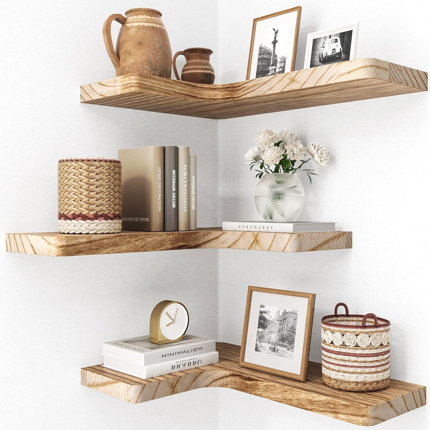 fuqing Floating Corner Shelves, Wall Shelf Set of 3, Shelves for Wall Storage, Solid Wood Shelves for Storage, Wall Mount Wooden Display Shelf for Bathroom Bedroom Kitchen Garage, Rustic Brown
