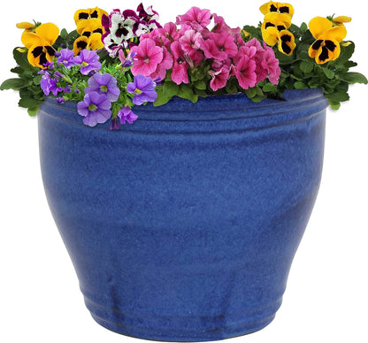 Sunnydaze Large Ceramic Plant Pot - Round Outdoor Glazed Ceramic Planter Pot with Drainage - Studio - Imperial Blue - 18.5"