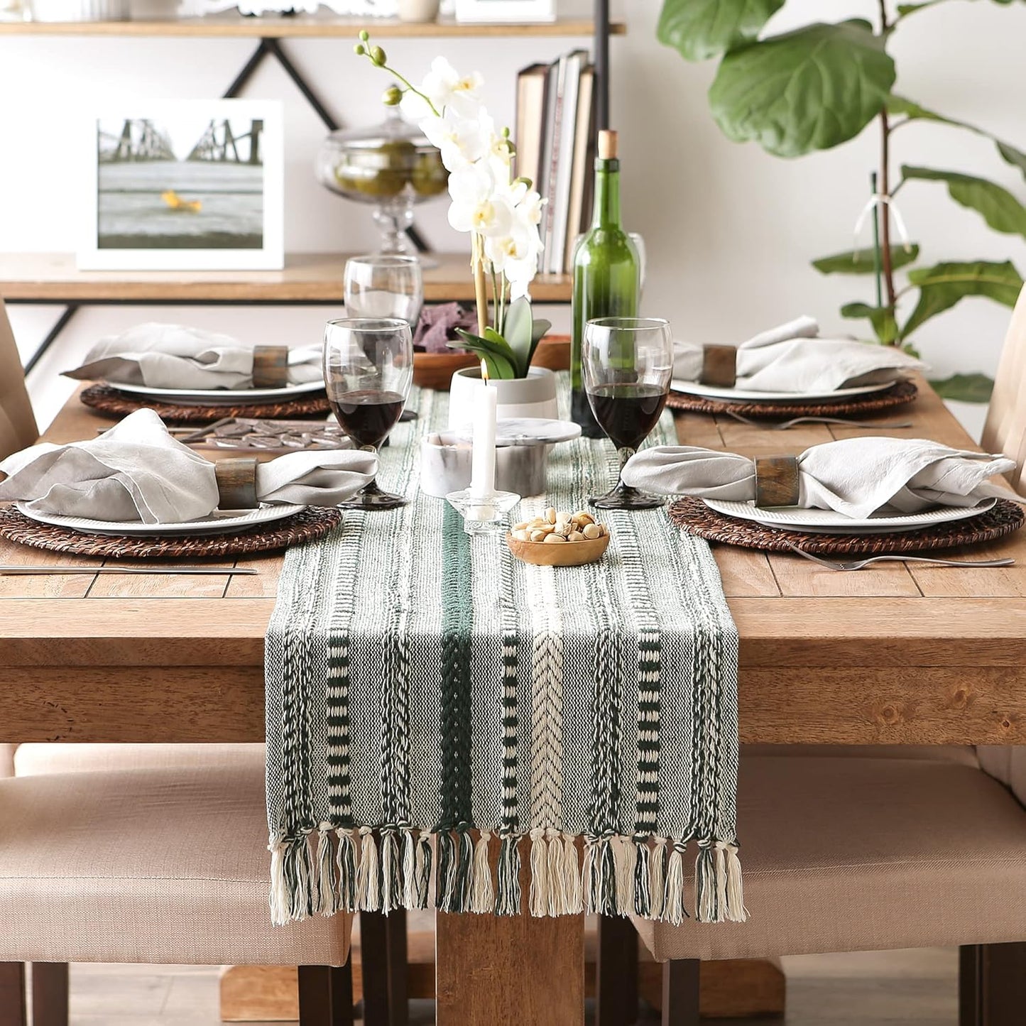 DII Farmhouse Braided Stripe Table Runner Collection, 15x72 (15x77, Fringe Included), Black