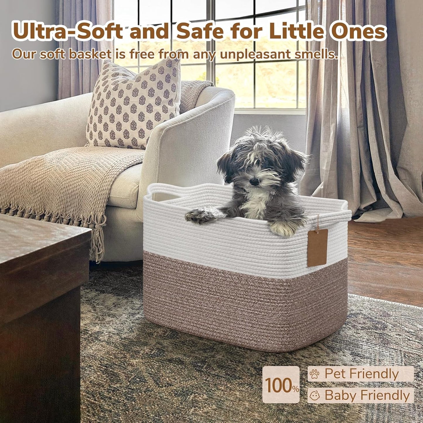 Goodpick Woven Storage Basket, Cotton Rope Basket for Dog Toys, Books, Stylish Gift Basket with Handles, 13 x 10 x 9 Inches Square Baskets for Organizing, Brown and White