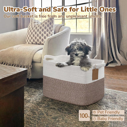 Goodpick Woven Storage Basket, Cotton Rope Basket for Dog Toys, Books, Stylish Gift Basket with Handles, 13 x 10 x 9 Inches Square Baskets for Organizing, Brown and White