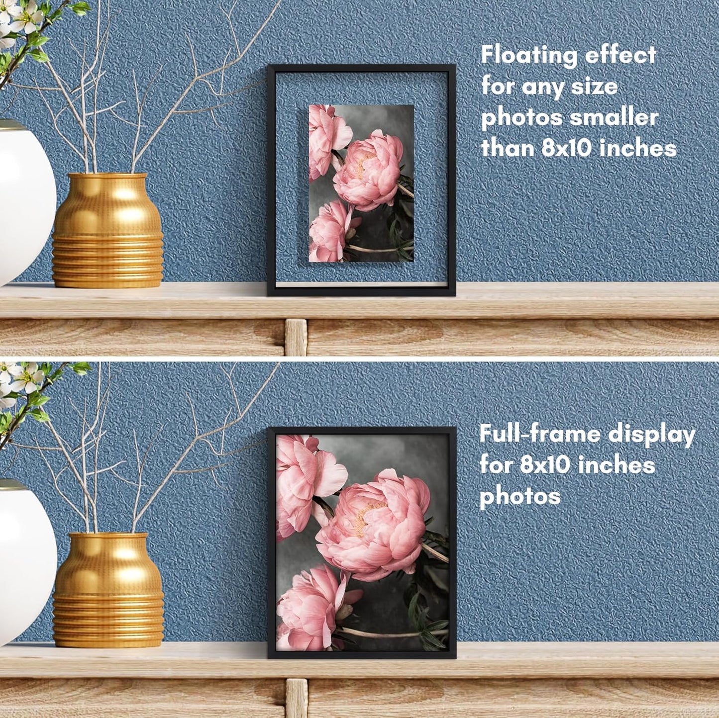 Americanflat Aluminum 11x14 Floating Picture Frame with Shatter-Resistant Glass - Use as 8x10 Picture Frame or Display 11x14 Photo - Signature Float Collection - Photo Frames for Wall Display - Black