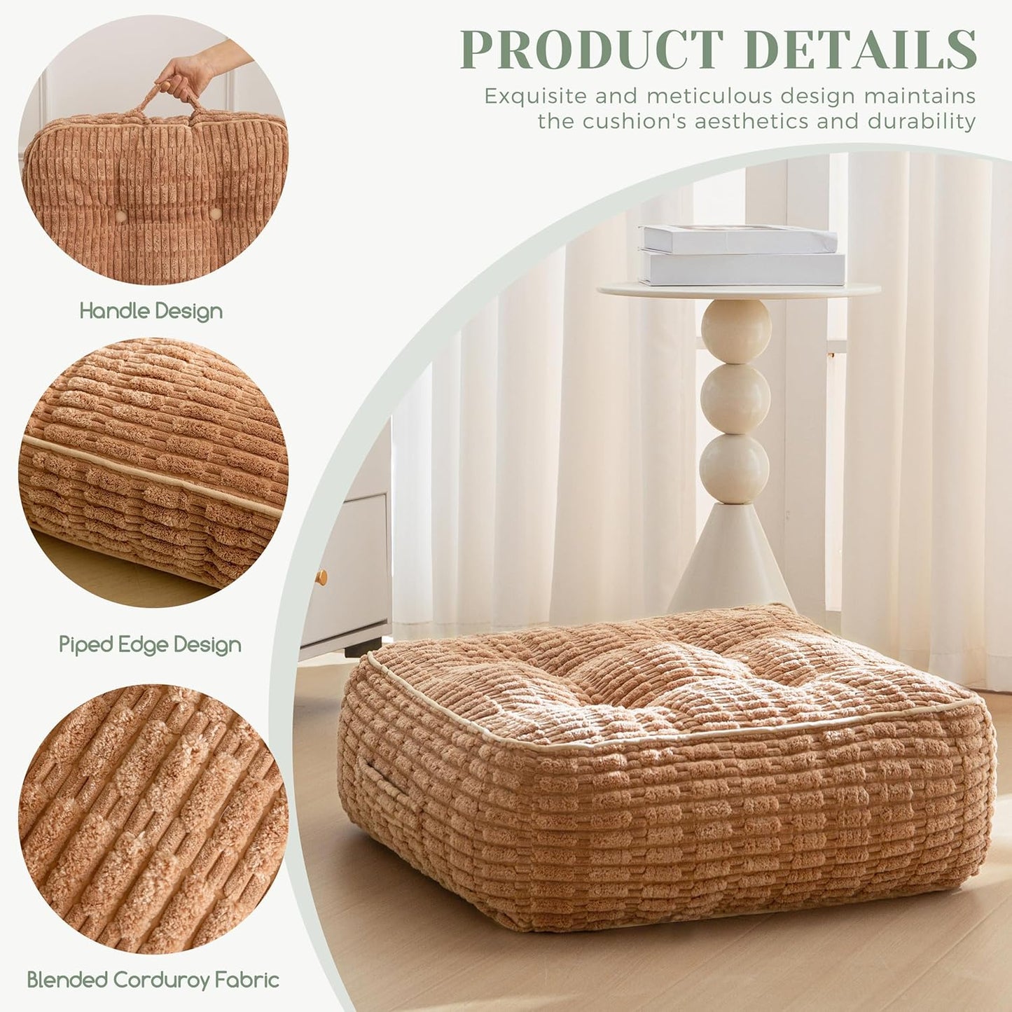 HIGOGOGO Floor Pillow Cushion for Adults, Meditation Cushion Pillow, Blended Corduroy Cover, Large Square Floor Sitting for Tatami Living Room or Yoga, 22x22 Inch, Beige