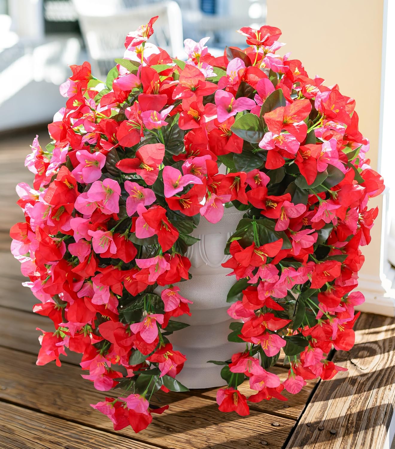 Faux Bougainvillea Artificial Flowers Plants for Outdoor Outside Decoration, 2 PCS Red Fake Flowers UV Resistant Look Real Silk Long Trailing Vines for Front Door Porch Planter Urn Patio Garden Yard