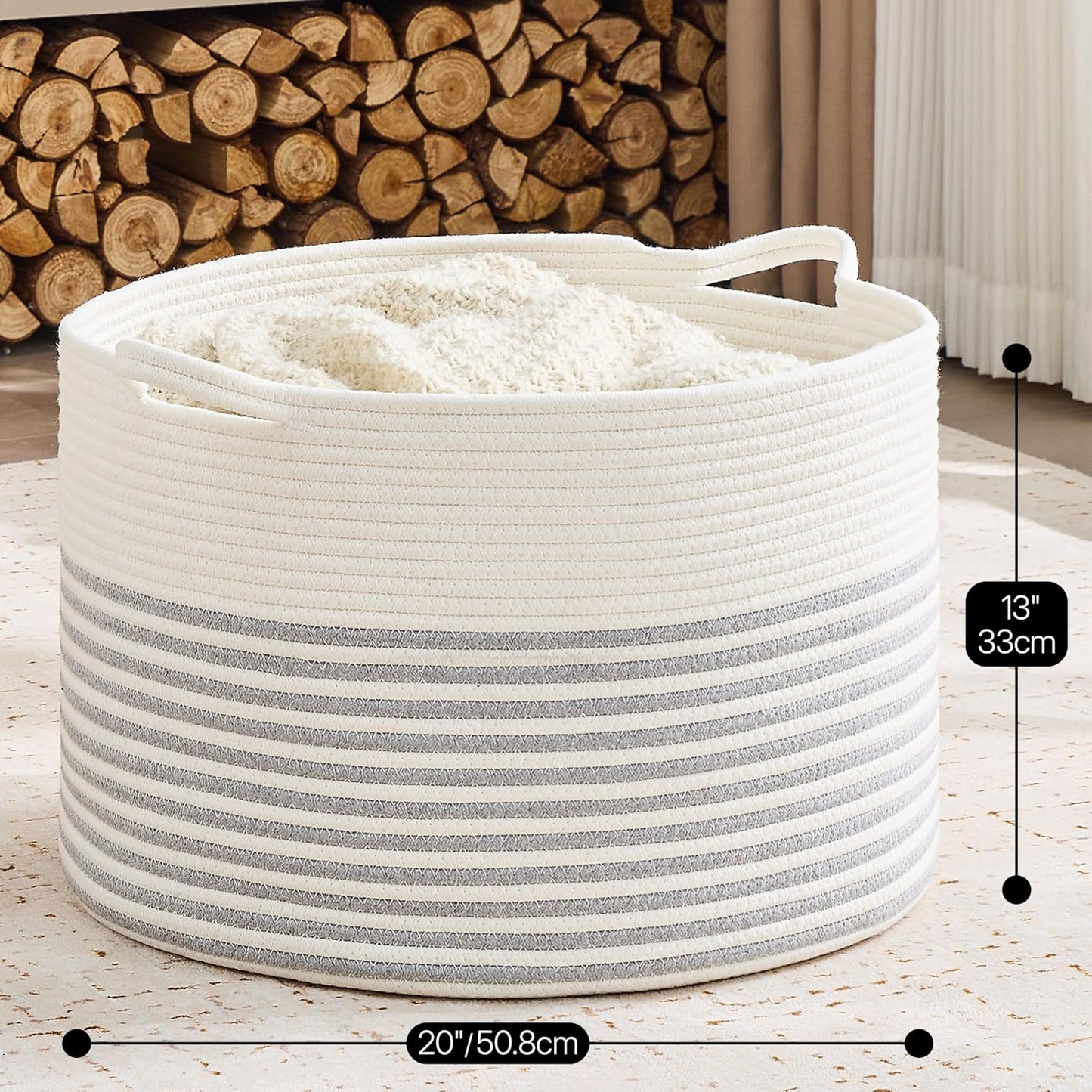 KAKAMAY Large Blanket Basket (20"x13"),Woven Baskets for storage Baby Laundry Hamper, Cotton Rope Blanket Basket for Living Room, Laundry, Nursery, Pillows, Baby Toy chest (White/Brown)