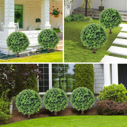 Artificial Red Eucalyptus Topiary Ball Tree 24" with Ground Spike, Set of 2 Artificial Boxwood Bushes for Faux Shrubs, Fake Evergreen Faux Plant for Indoor Outdoor Garden -UV Resistant–Fade-Proof