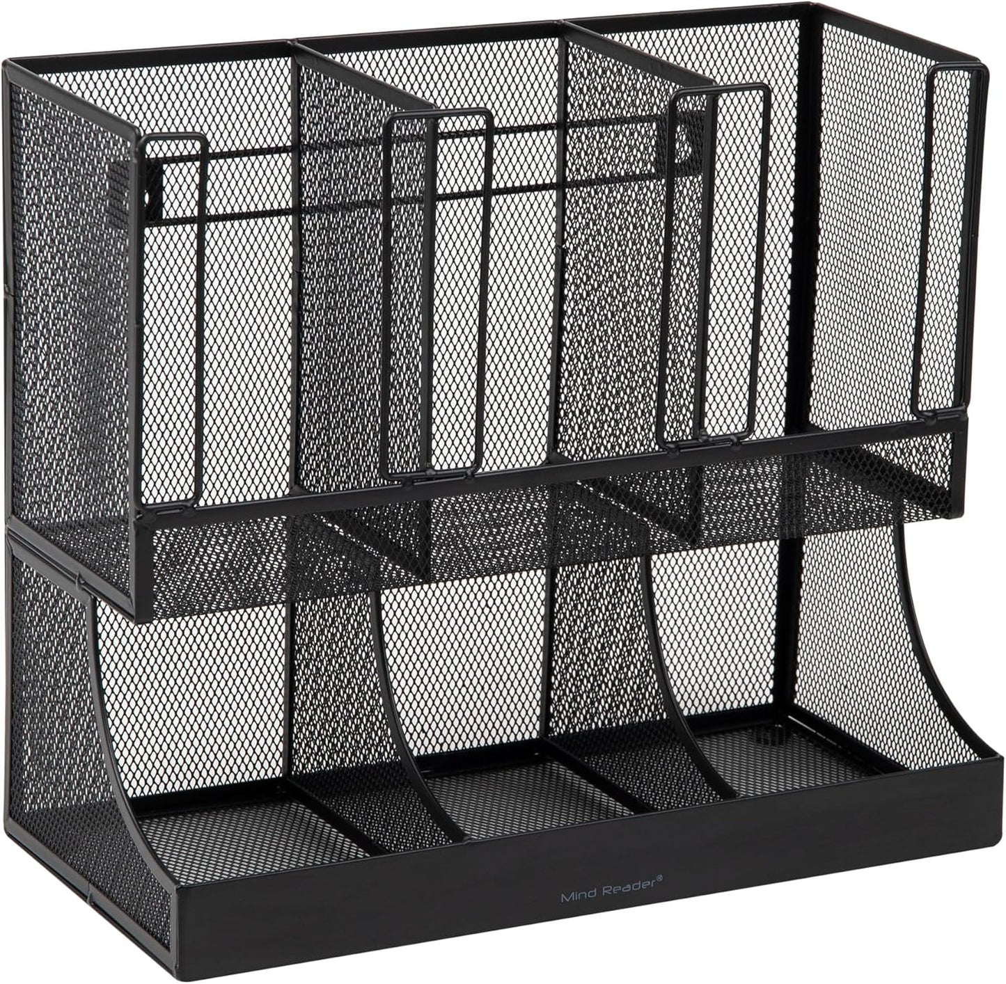 Mind Reader Cup and Condiment Station, 13 Inch Countertop Coffee Bar Organizer with 6 Compartments, Storage Caddy for Cups, Lids and Packets, Plastic, Black