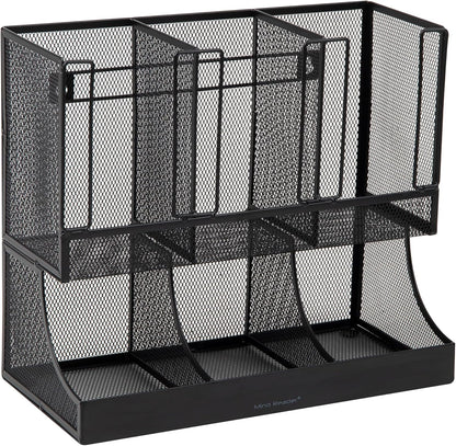 Mind Reader Cup and Condiment Station, 13 Inch Countertop Coffee Bar Organizer with 6 Compartments, Storage Caddy for Cups, Lids and Packets, Plastic, Black